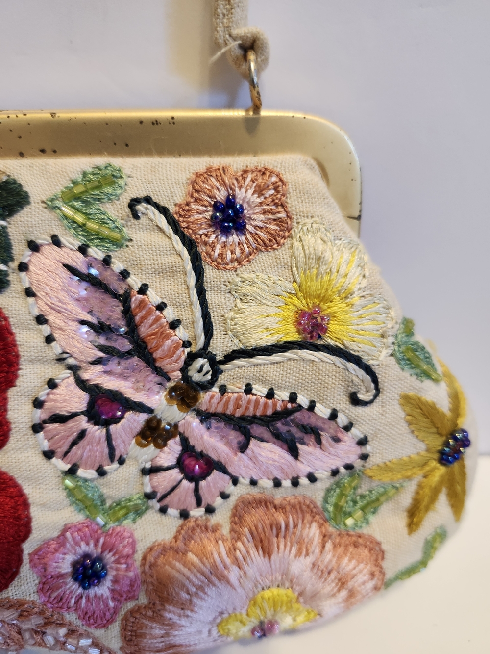 NEW SANTI Embroidered Floral & Butterfly Natural Linen Canvas Evening Bag $165 - Picture 7 of 9
